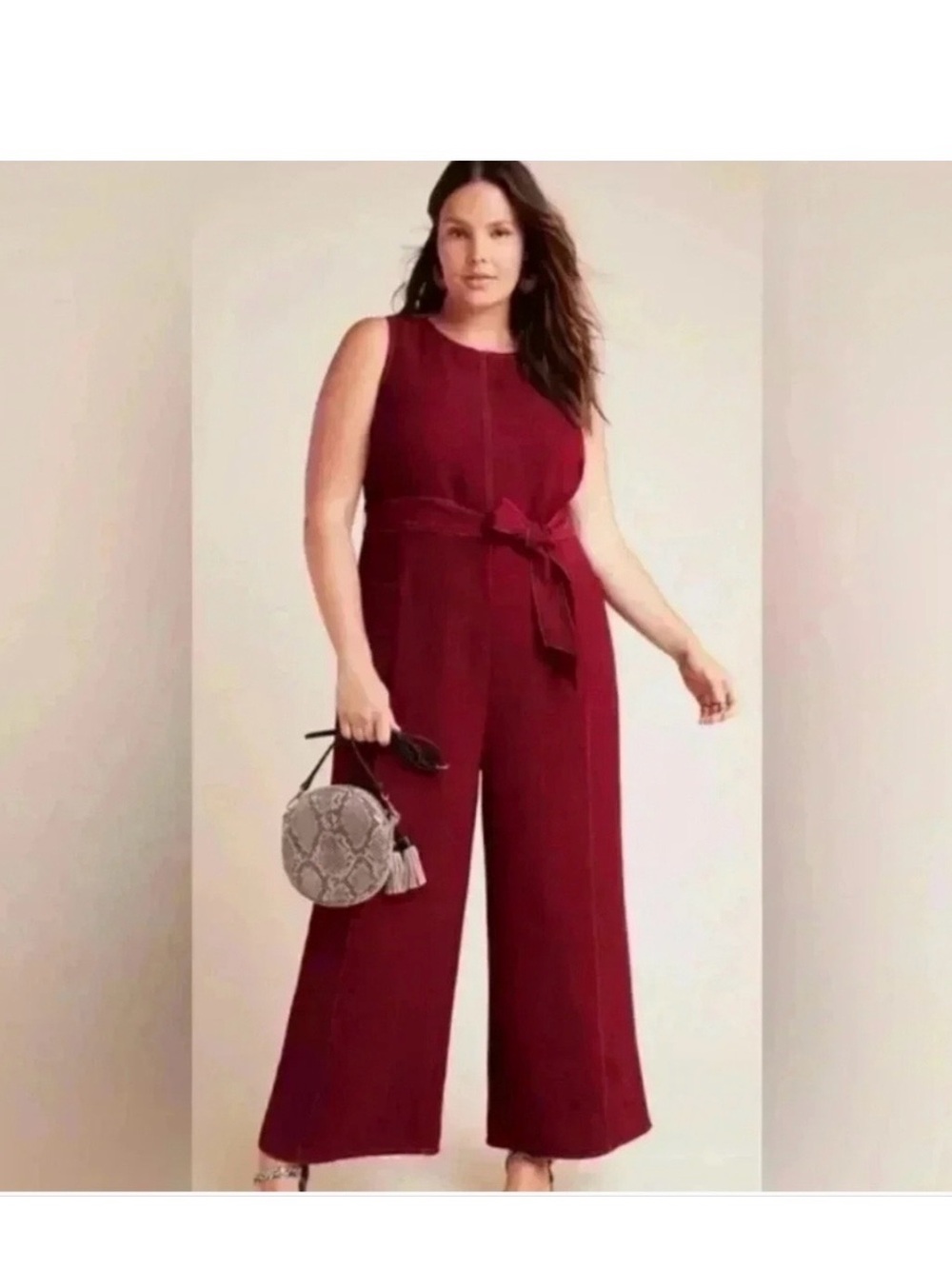 Greylin Anthropologie Sleeveless Wine Red Wide-Leg Jumpsuit w/ Waist Tie Size 1x